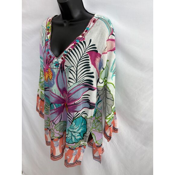 India Boutique Multicolor Embroidered Floral Tunic One Size Jeweled Tropical - Picture 4 of 10